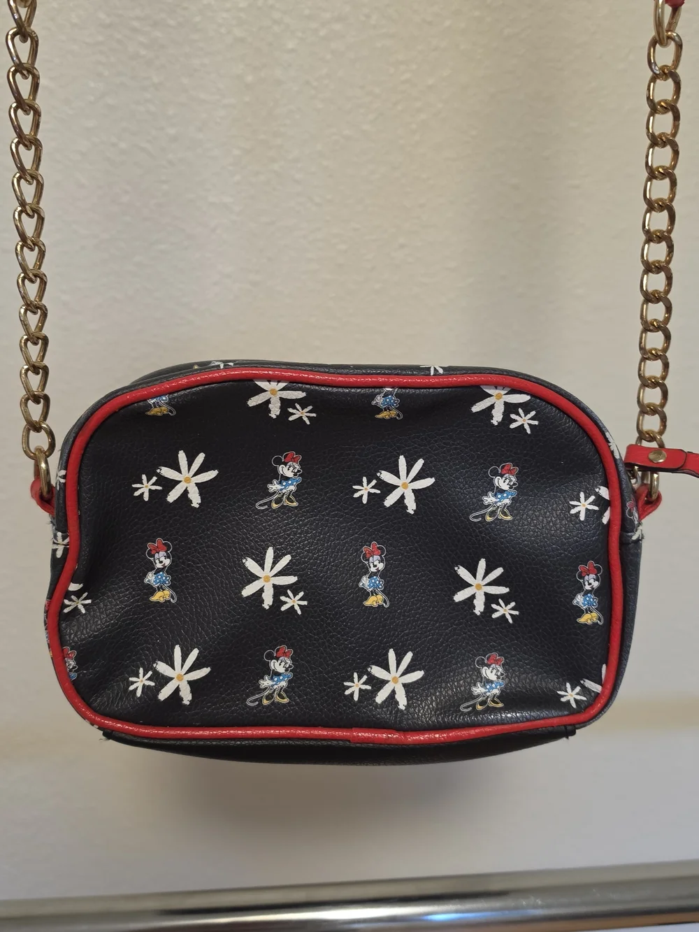 Disney Minnie Mouse Black Crossbody Bag with Red Trim and Daisy Print